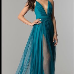 Teal Green Tulle Prom Dress with Plunging V-Neck